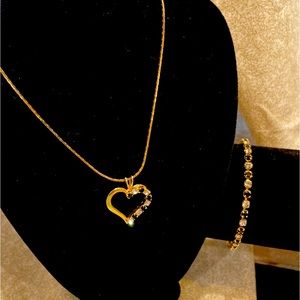 Gold Tone Black White Heart Crystals Bracelet and Necklace Set